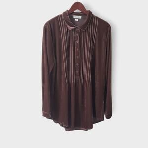 Coldwater Creek Velvet Pintuck Popover Tunic Top Brown Sz XL Collared